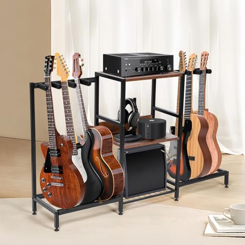 mopam Guitars Holder with 3-tier Storage Shelf Guitar Stand Guitars Display Rack for Multiple Guitars Acoustic Bass Electric Guitar Ukulele Amp Accessories stand for Music Room Studio Home