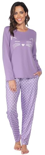 Les-Theresa Ensemble Pyjama en Coton pour Femme - Long - Deux pièces - Manches Raglan - Vêtement de Nuit et Pantalon de Pyjama Long - Automne - Hiver - Combinaison de Loisirs, Lilas, S