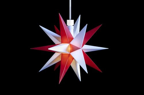 Sterntaler Dekostern | Weihnachtsstern Mini-Stern | Kunststoff | 18-Zacker | Weiß/Rot | 12cm | Innen | LED | Batterie | mit Timer & Fernbedienung
