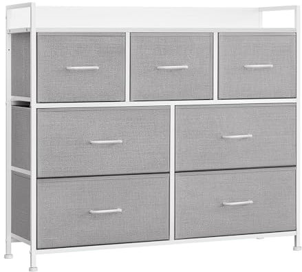 SONGMICS Kommode, Schrank, 7 Stoffschubladen mit Griffen, Metallgestell, Industrie-Design, Taubengrau-wolkenweiß LTS523L10