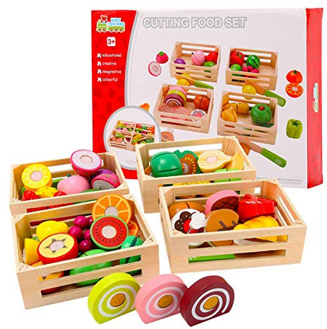 Kinderküche Spielküche Zubehör aus Holz I Holzspielzeug Küchenspielzeug Schneiden Obst Gemüse Lebensmittel Holz mit Klett-Verbindung für Kinder I Lernspielzeug Rollenspiele Geschenk (4 Kisten)