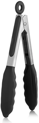 U-Taste 18cm Küchenzange aus Silikon: 315℃ hitzebeständige Kochzange mit fest versiegelten Antihaft-Gummispitzen & silikonbeschichtetem Stahlgriff & glatter Verriegelung zum Servieren (Schwarz)
