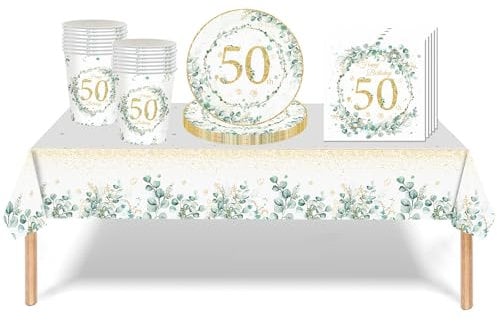 53Pcs Sage Green 50th Birthday Party Tableware Decorations,Sage 50th Birthday Table Cloth Plates and Napkins Cups Sets for Women Him Men Birthday Table Decor for 50th Birthday Gifts Dinnerware