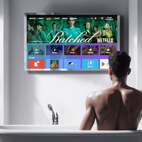 Leotachi 32-Zoll High-End-Smart-Badezimmerspiegel-TV (Silber) | 4K UHD, Android TV, Drahtlose Bildschirmspiegelung, Sprachsteuerung, mit DVB-T2/S2/C, IP66 wasserdicht, HDMI-CEC(ARC), SPDIF