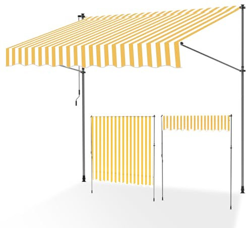 ISOISL Klemmmarkise 350 cm breit, Balkonmarkise mit Handkurbel, UV-beständig, Höhenverstellbar, Sonnenschutz und Wasserdicht Markise Balkon ohne Bohren für Balkon Terrasse Garten(Gelb Weiß)
