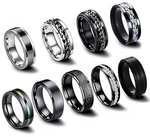 XQMMGO 9 Stück Edelstahl Herren Ringe, Schwarz Matt Finish Poliert Band Ringe, Fidget Ring Spinner Ring, Vintage Fidget Ring für Männer Damen (Schwarz 59)