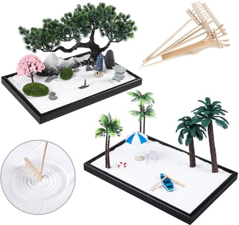 Zen Garden Kit 11x8 with White Sand Japanese Mini Beach Zen Sand Artificial Bonsai Tree Rocks Rakes and Accessories for Prayer,Home,Office Desk Garden,Tray Meditation Room