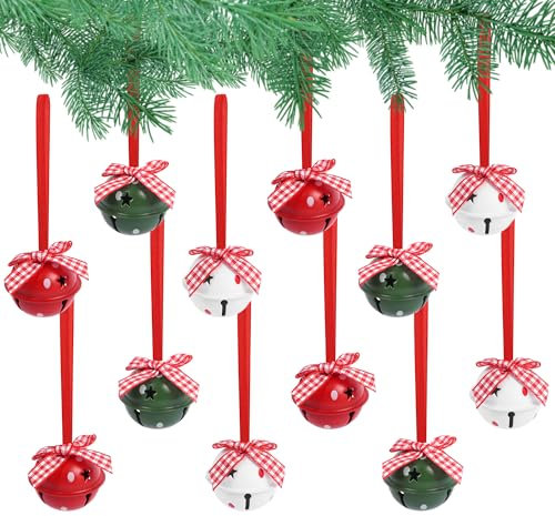 Jingle Bells 12 PCS Large Metal Bells - Red, White, Green, Christmas Tree Decorations with Ribbons, Hanging Ornaments for DIY Crafts