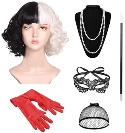 Cruella Devil Kostüm Damen, 20er jahre Accessoires mit Kurz Schwarze und Weiße Cruella Perücke mit Pony mit Spitze Maske, Rote Handschuhen, Langer Halter, Perlenketten für Karneval Kostüm Damen