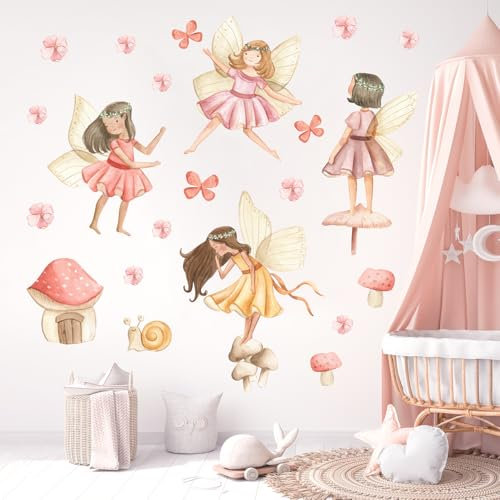 Wally Fox - Wandsticker Kinderzimmer - Wandtattoo Babyzimmer - Ungiftig, sicher, leistungsstark - Set - Feen, Elfen, Zauberer - Rosa, Violett, Gelb, Braun - 52,5x100cm