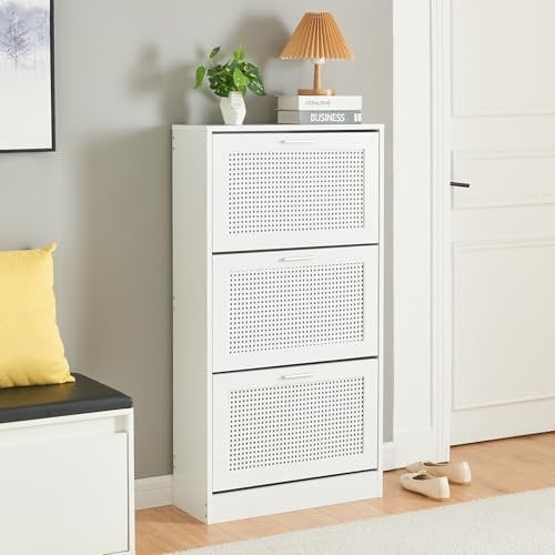 [en.casa] Schuhschrank Vesilahti Schuhkipper mit 3 Klappen Schuhkommode für 12 Paar Schuhe 115 x 60 x 24 cm Flur Schuhaufbewahrung Rattanoptik Weiß