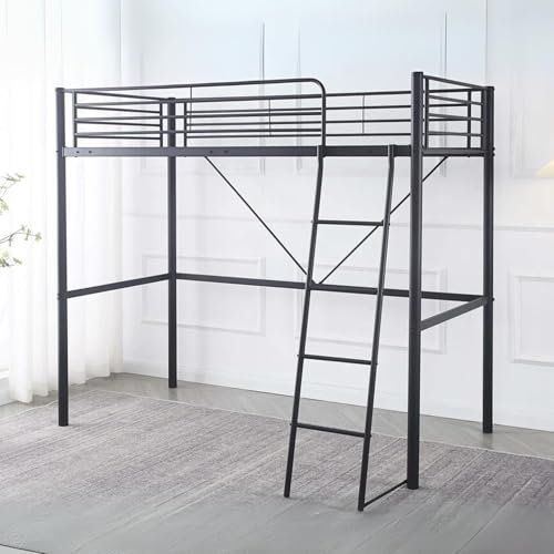 Reinforced Beds, NEWTON LOFT BED/HIGH SLEEPER BUNK BED, 90x190cm, Black, Reinforced Tubular Bars, Strong Metal Structure, 1470mm Underbed Clearance, Reversible Ladder