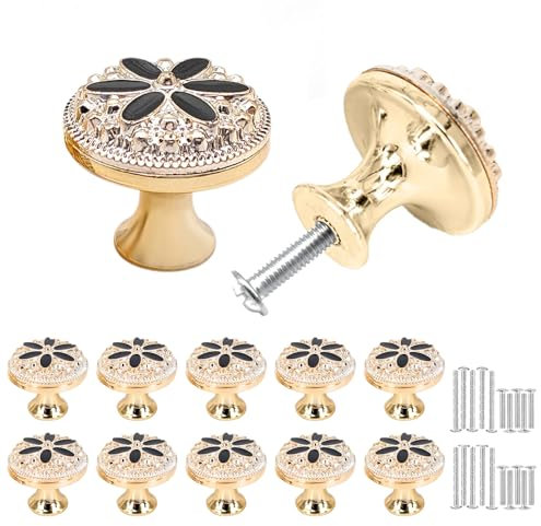 Misuyue Möbelknöpfe Vintage, 30mm Schick Schrankknöpfe Runde mit Dekorative Blumenmuster, 10 Stück Türknöpfe für Schublade, Schrank, Möbel, Küchenschränke, Kleiderschrank (Gold+Schwarz)