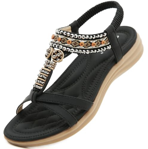 Acfoda Sandales Femme Été Confortable Mode Plates Bohême Tongs Léger Chaussures Orthopédique Sandals Confort Sandalette et Mules Noir 39