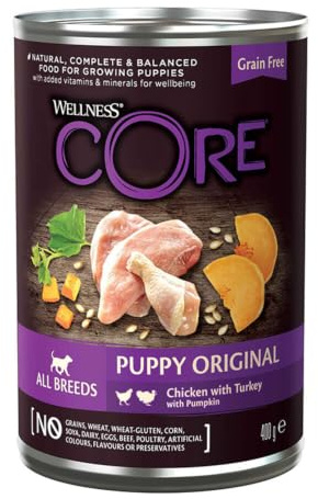 WELLNESS CORE, Nassfutter für Hunde, 95% Fleisch, Huhn, Pute und Gemüse, hoher Proteingehalt, ohne Zusatzstoffe, praktische 0,4-kg-Größe, für alle Rassen