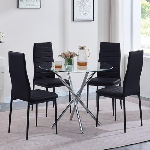 Ensemble table de salle à manger ronde en verre avec 4 chaises, table de cuisine moderne et chaises pour salle à manger et appartement