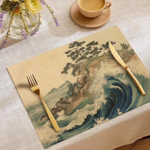 Tischset Meereswellen Dekoratives Platzset Baumwolle Leinen Tischsets Kiefern Inseln Hitzebeständig Waschbar Dekorative Platzsets für Küche Esszimmer Party Deko 4er Pack 45 x 30 cm