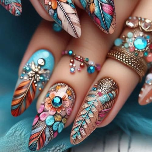 Faux ongles colorés à coller en forme d'amande - Fleurs d'automne - Couverture complète - Pour la Saint-Valentin et les femmes