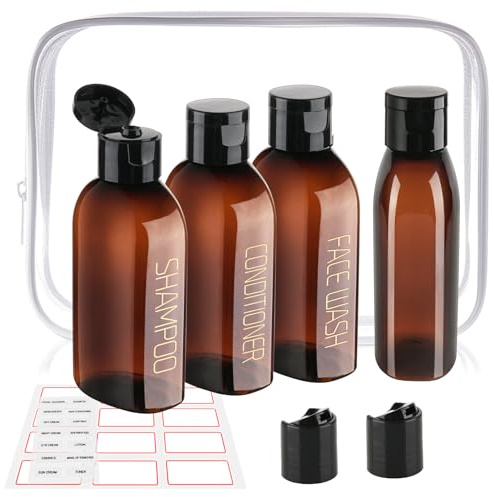 Decorniqu 4-Pack 100ml Travel Bottles for Toiletries - TSA Approved, Leakproof, Reusable, Plastic, 3.4oz, Brown, 3 Labeled + 1 Blank, Hand Wash Only, Travel Essentials