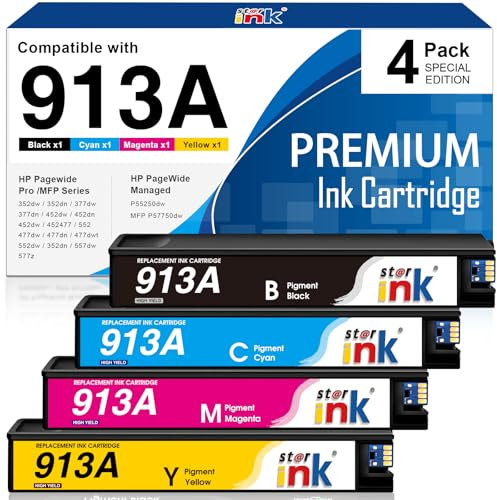 Starink 913A Multipack Druckerpatronen Kompatibel für HP 913A 913 A für PageWide 352dw 352dn 477dw 577dw 452dw 477dn 452dn 577z 552dw P55250dw Drucker, Schwarz, Blau, Rot, Gelb,4er Pack