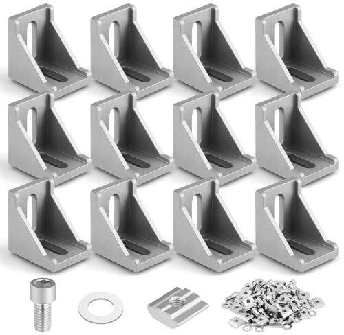 vsshe 12 Pcs Equerre de Fixation en Aluminium, Equerre Metal Perforées 3030, Equerre de Fixation Angle Droit Support en Forme de L avec Écrous Vis, Équerre de Coin pour Fixation et Réparation Meuble