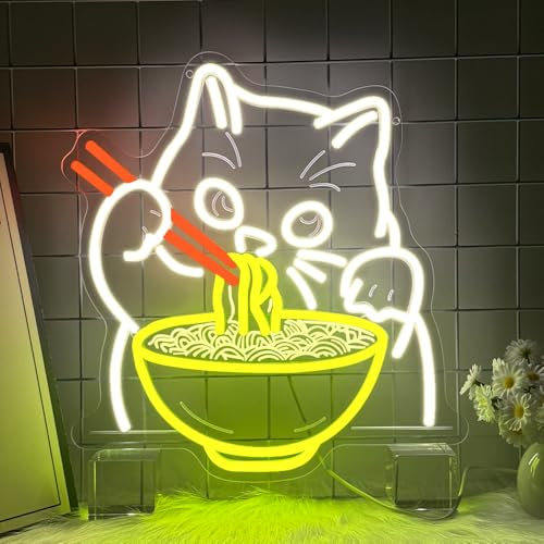 RuCvixkt Ramen Katze Neon Schild-Warme weiße Katze essen Nudeln Led Schild für Wanddekoration, Led Neon Licht Schild für Baby Mädchen Zimmer Resturant Home Bar Küche Dinning Schlafzimmer Art Decor