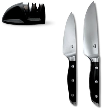 Cuchillo cocinero, Set de 2 cuchillos para cocina profesional (20 cm y 15 cm) con afilador – Cuchillo chef de acero inoxidable para carne, pescado, verdura y fruta. Mango ergonómico y antideslizante