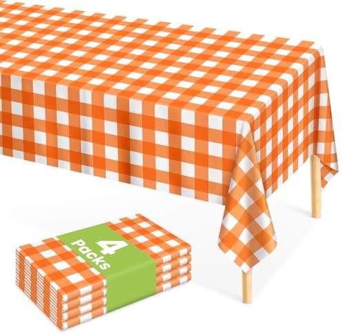 Mulbozy Lot de 4 nappes vichy orange en plastique jetables, 137 x 274 cm, nappes à carreaux orange et blanc pour fournitures de fête
