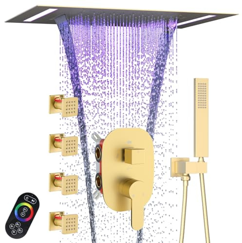 Delnet 4-Function Luxury Shower System with Body Jets & 2-in-1 LED Rainfall Shower Head, Brushed Gold