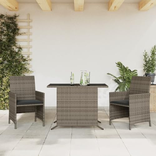 Teenpull 3-TLG. Bistro-Set mit Kissen Grau, Poly Rattan, UV-beständig, 100x59x73 cm Gartentisch, 2 Stühle für Balkon, Terrasse, Garten, Essbereich