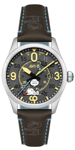 AVI-8 Spitfire Smith Automatikuhr für Herren, 42 mm, Snoopy Peanuts Flying Ace Pilot Error, limitierte Auflage, Lederarmband, AV-4152