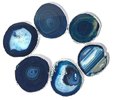 JIC Gem Untersetzer, versilbert, gefärbt, blauer Achat, 6 Stück, 7,6–10,2 cm, mit Gummipuffer