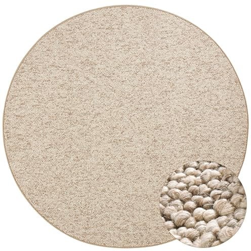 BT Carpet Wolly Teppich Rund – Wohnzimmerteppich Flachgewebe Kurzflor Woll-Optik Wolle Skandi-Look Esszimmer, Wohnzimmer, Kinderzimmer, Schlafzimmer – Creme, 133cm