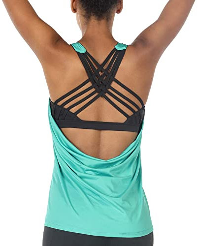 icyzone Damen Sport Tops mit Integriertem BH - 2 in 1 Yoga Gym Shirt Fitness Training Tanktop (L, Florida Keys)
