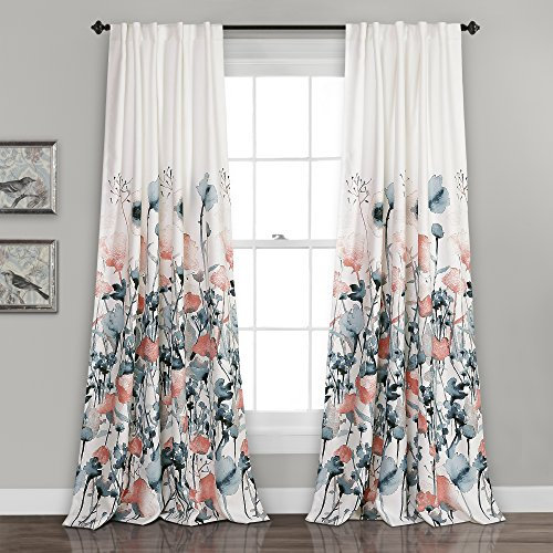 Lush Decor Zuri Flora-Vorhänge, lichtfilternd, Fensterpaneel-Set für Wohnzimmer, Esszimmer, Schlafzimmer, 213,4 x 132,1 cm, Blau und Koralle, 2 Stück