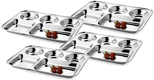 WhopperIndia Piatto Rotondo Cinque comparti in Acciaio Inox, Thali, Vassoio per Piatti, Piatto da Portata Set di 12 Pezzi - 33 cm ciascuno