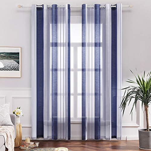 MIULEE Voile Gardinen Blau-Weiß mit Ösen 2er Set 140x245 cm | Halbtransparenter Voile mit Streifenmuster für Wohnzimmer, Schlafzimmer und kleine Fenster.