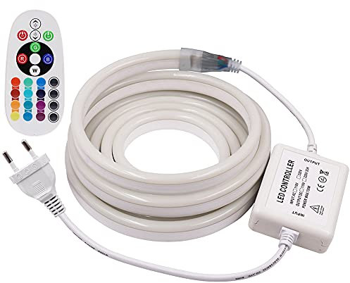 XUNATA LED RGB Neon Streifen mit 24 Tasten Fernbedienung, 220V 2835 120leds/m Dimmbares Diffusion LED Lichtband Schlauch für Innen Draußen Garten Weihnachten Deko (50m)
