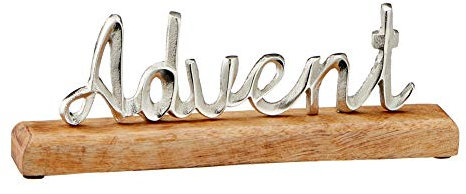 Cepewa Schriftzug Advent Weihnachten Alu Silber Mangoholz Natur Holzbase ca. 2,5 x 30 x 5 cm (HxBxT)
