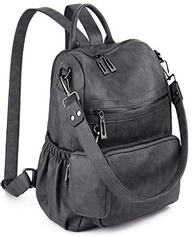 UTO Damen Rucksack Leder Vegan Rucksackhandtaschen Schule Schulrucksack Multifunktionsrucksack mit abnehmbarem Beutels Große Kapazität Schultertaschen Reißverschluss Umhängetasche Dunkelgrau