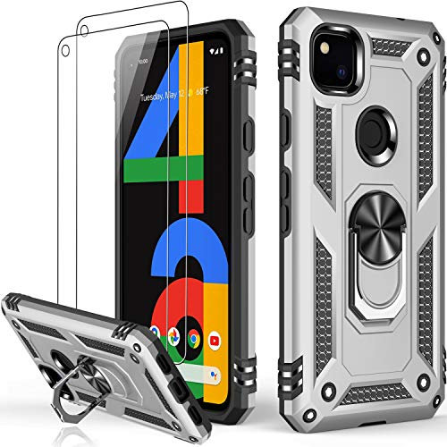 LUMARKE Schutzhülle für Google Pixel 4A, mit Displayschutzfolie, Falltest, militärische Qualität, mit magnetischem Ring-Ständer, kompatibel mit KFZ-Halterung, Silber