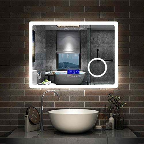 Aica Miroir de Salle de Bain 80cmx60cm Multifonctionnel avec Couleur LED réglable + antibuée + Panneau LCD (Tactile, Haut-Parleur Bluetooth, Horloge, Date, Température) + Miroir grossissant