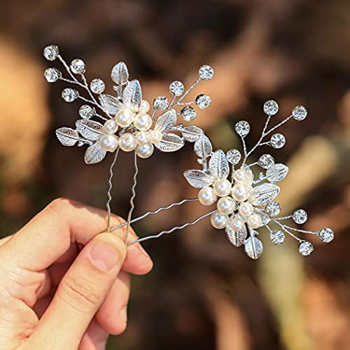 Zoestar Braut Hochzeit Haarnadeln Kristall Kopfschmuck Perle Haarspangen Braut Blatt Haarschmuck für Frauen und Mädchen (2 Stück) (Silber)