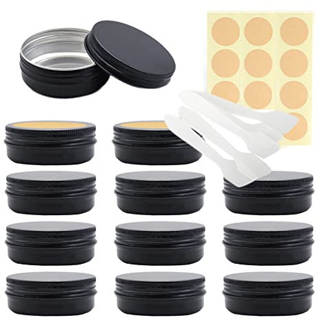 LusDoly 50 Piezas 60 ml Tarros de Aluminio con Tapa Rosca Negro Mate - Ø68x25mm Pequeña Redondo Bote de Aluminio Latita Aluminio Cosmética para Cremas Loción Velas con Espátulas y Pegatinas