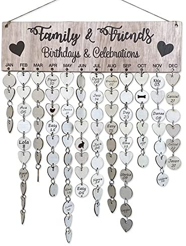 Family Celebrations Reminder Calendar, Birthday Reminder Plaque with 50 Round Discs and 50 Heart Tags, DIY Wooden Calendar Wall Hanging (Log color)