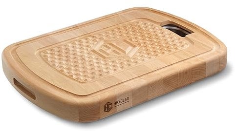 HexClad Tagliere bifacciale in legno di faggio ibrido con vassoio in acciaio inossidabile, maniglia per il trasporto e vaschette per il succo