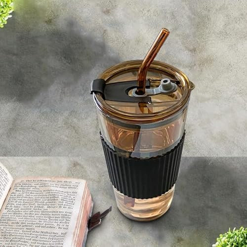 Tasse à café, verre avec paille et couvercle, double tasse à boisson, tasse à thé, tasse de voiture, lot de 1 (450ml tasse ambrée avec anneau en caoutchouc de silicone noir)
