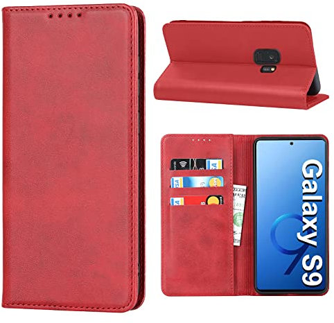 Handyhülle für Samsung Galaxy S9, Leder Wallet Schutzhülle Mit Kartenfach, Standfunktion, Stoßfest, Klapphülle, Flip Case Cover (Rot)