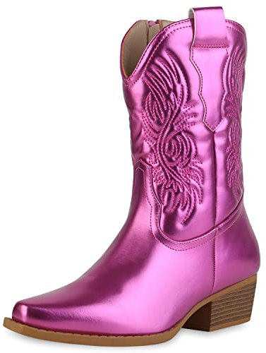 VAN HILL Damen Cowboy Boots Stiefeletten Stickereien Schuhe Holzoptikabsatz Freizeit Stiefel Spitze Western Booties 211814 Fuchsia Metallic 39