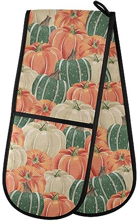Double Oven Gloves Autumn Pumpkins Green Orange Heat Resistant Pot Holder Oven Mitt Gloves for BBQ Cooking Baking Grilling Microwave